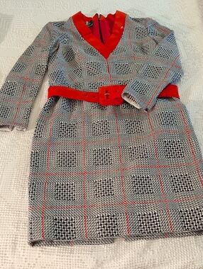 Lourdes Chavez Women's Plaid Dress Coat with Red Trim and Belt